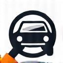 An icon-style image of a magnifying glass over a car.