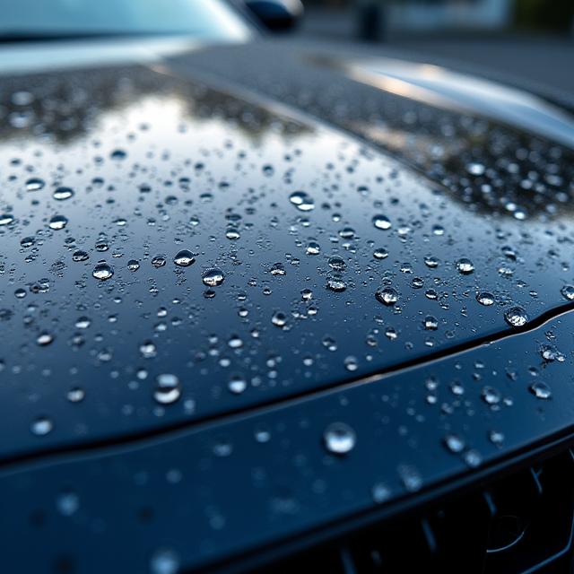 Droplets of water beading on a freshly applied ceramic coating on a car bonnet.