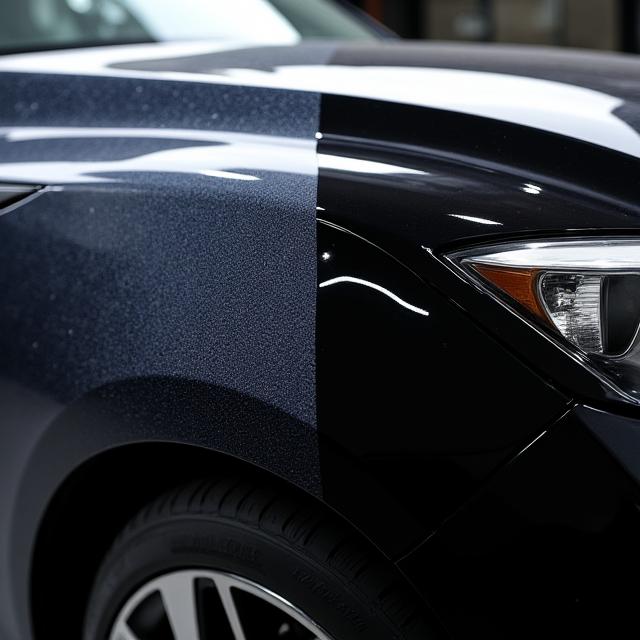 A 50/50 split shot showing the difference before and after paint correction on a dark car.