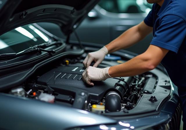 Tim profesional SilkRoute sedang membersihkan kap mesin mobil